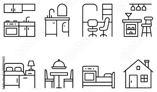 Home icons with kitchen bed and dining minimal outline