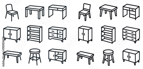 Furniture icons with chair table cabinet outline