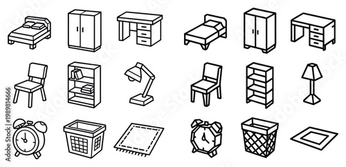 Home icons with bed wardrobe desk outline