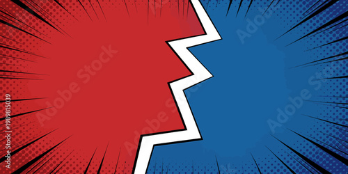 Dynamic comic book style background featuring opposing red and blue zones with radiating speed lines