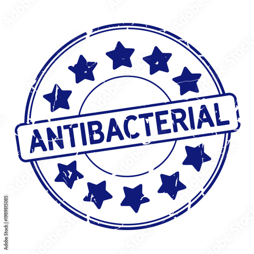 Grunge blue antibacterial rubber stamp with stars and distress texture