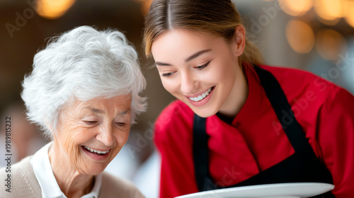 Smiling waitress serving elderly woman in cafe warm friendly service and care concept