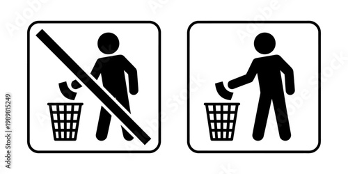 Proper Waste Disposal Signs Showing Correct And Incorrect Trash Bin Usage
