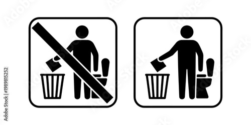 Public restroom trash disposal signs showing do and dont actions