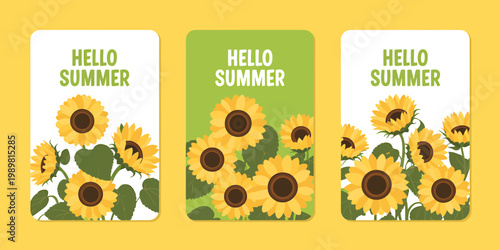 Hello summer greeting cards with yellow sunflowers on white green backgrounds