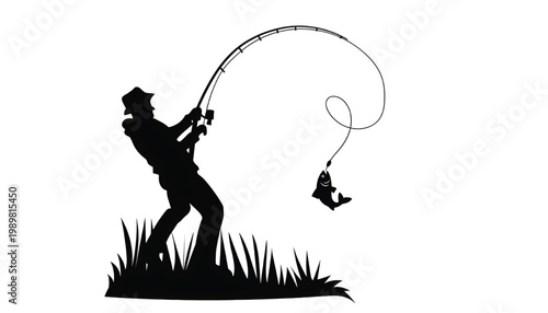 Fisherman silhouette fishing with buoy and line holding a large balloon-like fishing float featuring fish, hook, angler with angling and catch