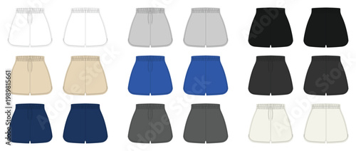 Dolphin shorts with elastic waistband and drawstring, front and back view technical flat sketch vector mockup template for apparel design and tech packs.