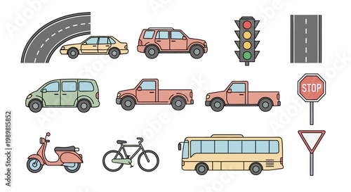 Vehicles on road transportation icons set.