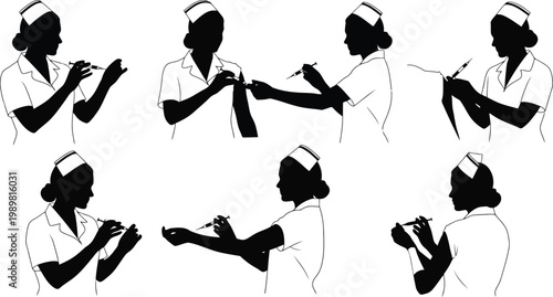 Nurse vaccination silhouettes showing injection techniques, medical immunization process, healthcare worker administering vaccine and safety procedures