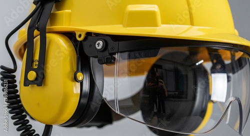 A close-up side view of a bright yellow construction hard hat equipped with protective ear muffs and a clear plastic face visor.