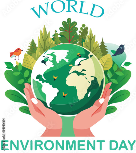 A world map filled with green foliage and text promoting environment day