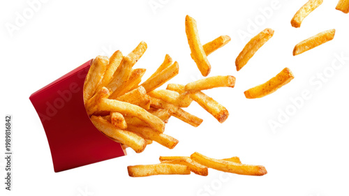 Mcdonalds french fries flying out of red box on grey background.