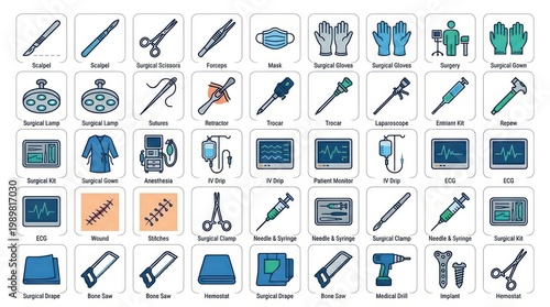 Specialized surgical tools and operating room monitoring equipment labeled icon collection