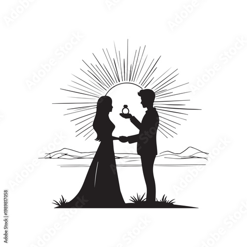 Silhouette of man proposing to woman with ring, sunburst and landscape proposal engagement