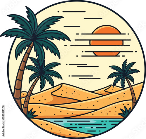 Stylized circular illustration of desert oasis with palm trees and sunset.