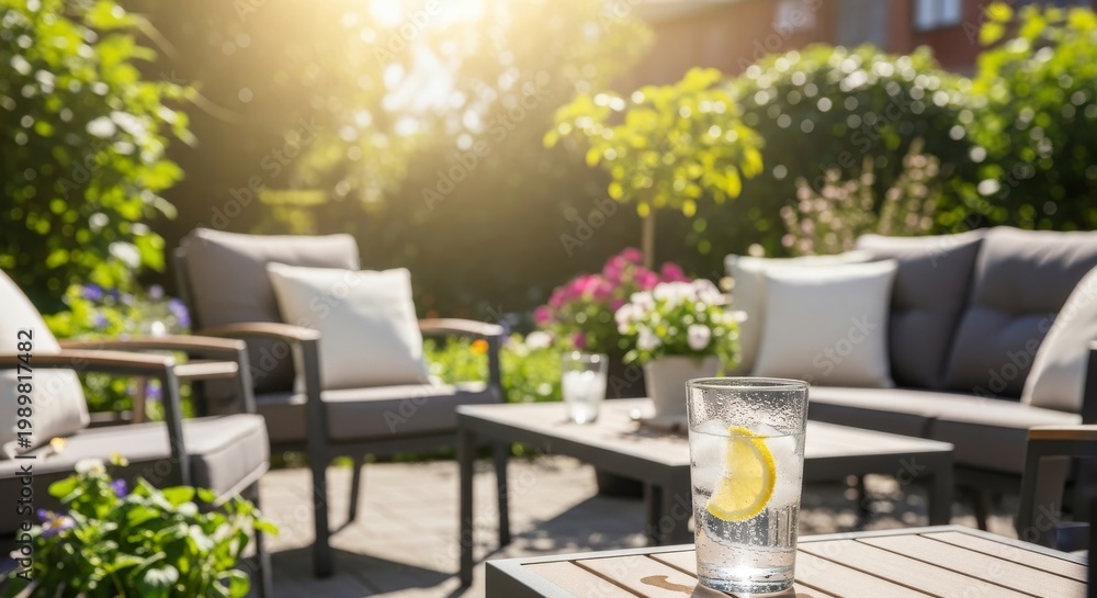 Fototapeta premium Sun Drenched Summer Patio With Refreshing Drink