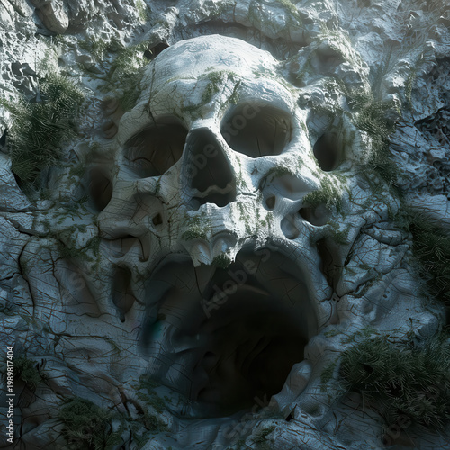 Unique rock formation shaped like a skull located in a natural setting with vegetation during daylight hours
