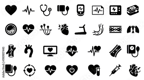Heart health and circulatory system icons with lungs stethoscope blood pressure and ecg symbols