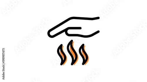 Hot Surface Icon with Hand and Three Orange Wavy Lines, isolated white background