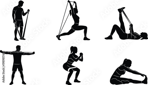 Resistance band exercise silhouettes set featuring full body workout training poses for strength flexibility and home fitness routines
