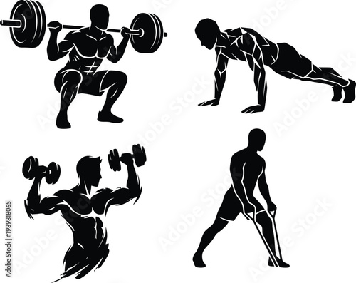 Set of fitness workout silhouettes featuring weightlifting, push ups, resistance band training, and bodybuilding strength exercises illustration
