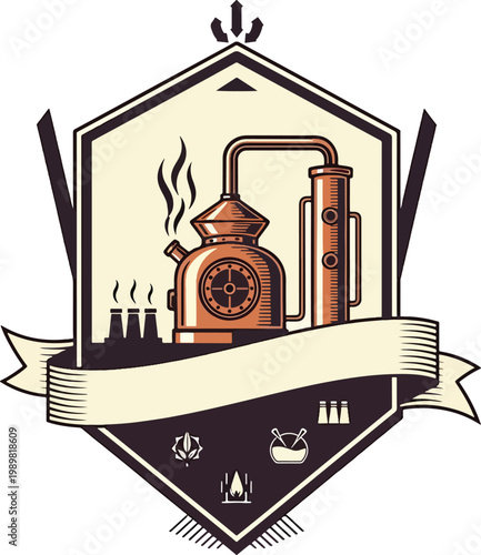 Vintage distillery emblem featuring a copper pot still with banner.