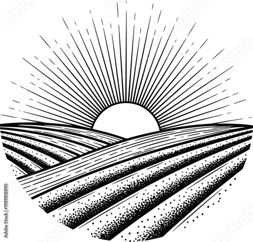 Vintage Hand Drawn Illustration of a Sunrise Over Cultivated Farm Fields.
