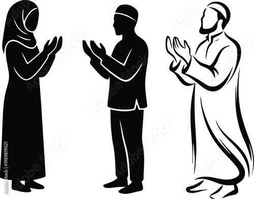 Silhouette illustration of Muslim men and woman praying, hands raised in dua, representing faith, devotion, and spirituality
