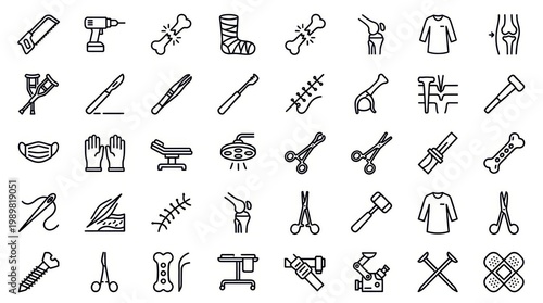 Medical orthopedic surgery and traumatology icon collection with orthopedic fracture instrument