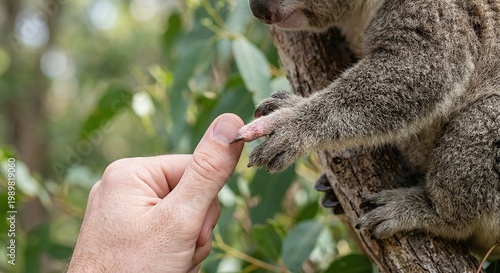 Gentle Connection Between Human and Wildlife – Koala Touching Human Thumb with Delicate Forefinger Close-Up