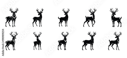 Collection of Black Stag Deer Silhouettes on White Background, Multiple Poses
