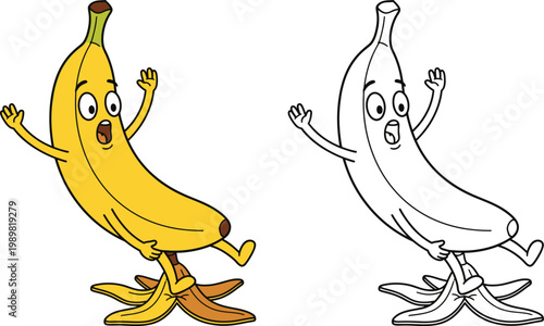 Funny Cartoon Banana Slipping on Peel Humorous Fruit Character Design