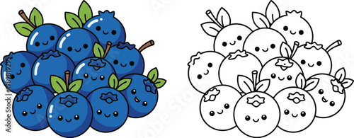Pile of Cute Cartoon Blueberries Happy Fruit Characters
