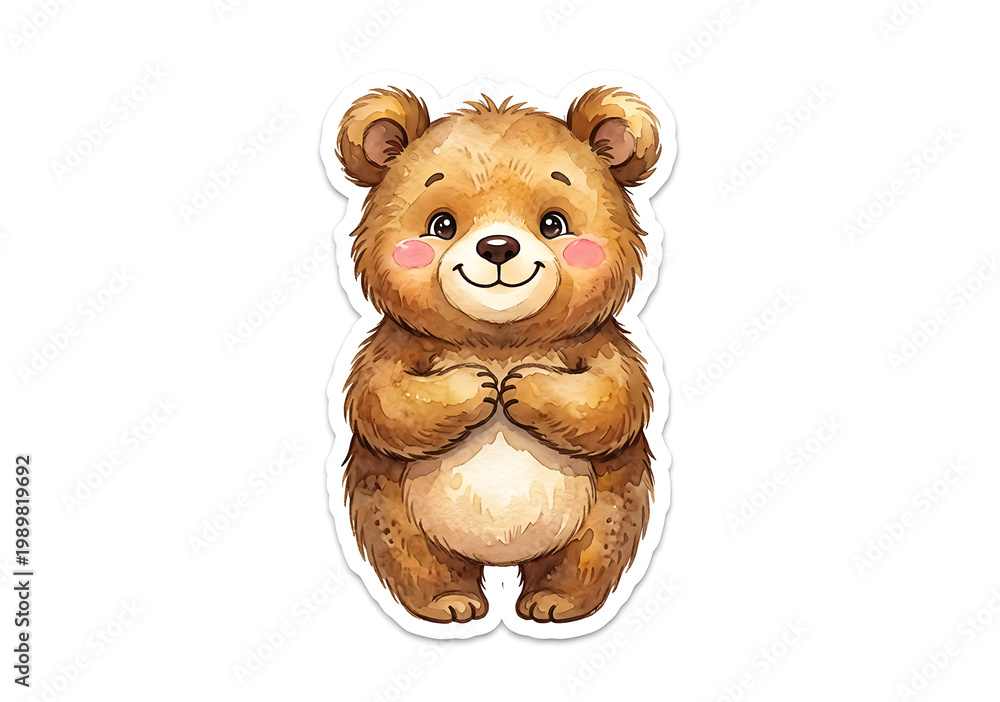Obraz premium Cute Baby Bear Standing with Rosy Cheeks Watercolor Sticker