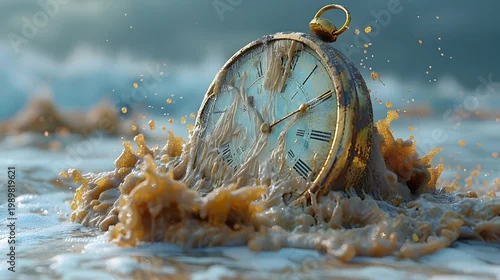 Fototapeta samoprzylepna Creative Illustration Featuring Melting Clock Over Sand Surreal Concept Representing the Flow of Time