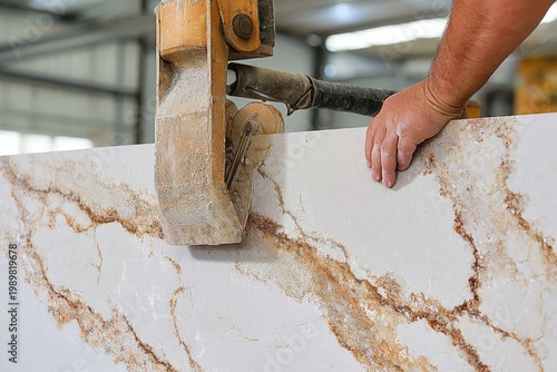 Close-up of a worker's hand guiding a slab of white quartz countertop with natural brown veining.