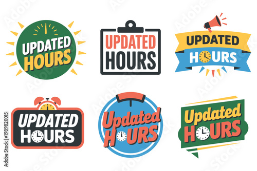 Updated Hours Icons and Badges for Business Opening Closing Time Notification, Modern Schedule Change Indicator Design, Clean Informational Symbol for Shops and Services.
