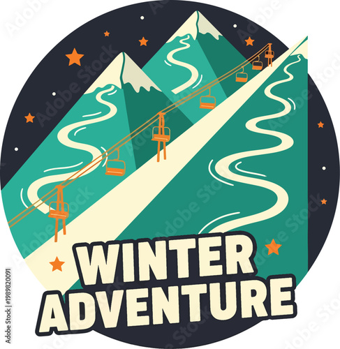 Winter adventure ski resort emblem with mountain landscape and chairlift.