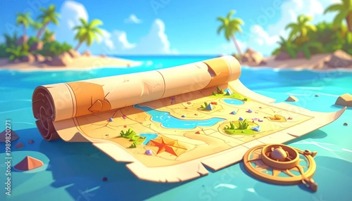Ancient Treasure Map Unfurled on a Tropical Beach with Compass.