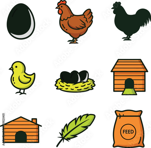 Set of colorful chicken farm and poultry farming icons.