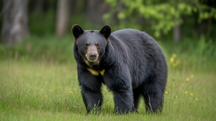 A close-up photograph of a black bear standing in a grassy forest