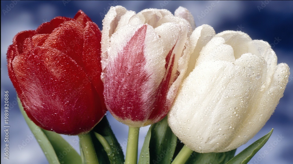 Fototapeta premium Spring color photography, red and white tulips blooming under a bright blue sky transitioning from deep blue to light blue.
