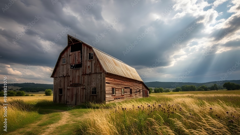 Obraz premium Old wooden barn in field of golden wheat in rural countryside scene