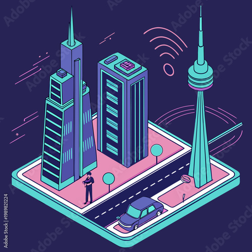 Isometric smart city technology concept illustration with isometric technology architecture connectivity building business development infrastructure wireless communication interface
