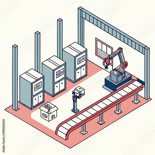 Automated industrial robotic assembly line concept with automation manufacturing industrial conveyor isometric industry technology production warehouse engineering mechanical assembly