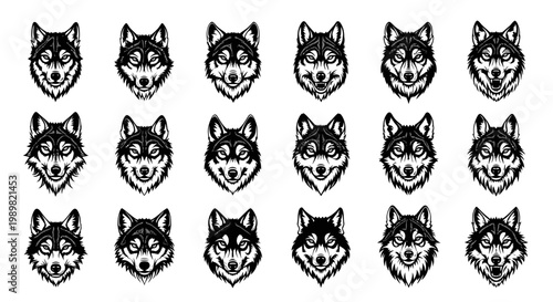 Foto Collection of various wolf faces in black and white illustration on plain backgr