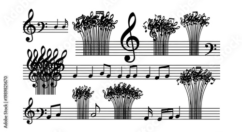Musical notes and flowers on sheet music creative art design with treble clef and notes