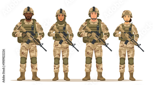 Four soldiers in military camouflage gear stand ready in a tactical formation.