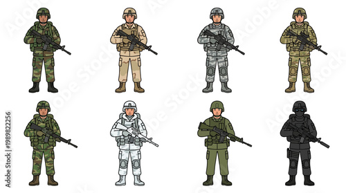 Military soldiers in various camouflage uniforms and tactical gear stand ready in a vector illustration.