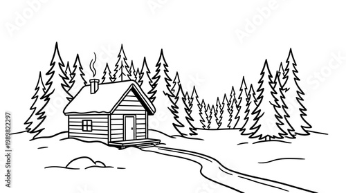 Snowy winter forest house vector illustration cozy cottage Christmas holiday night landscape snow scene